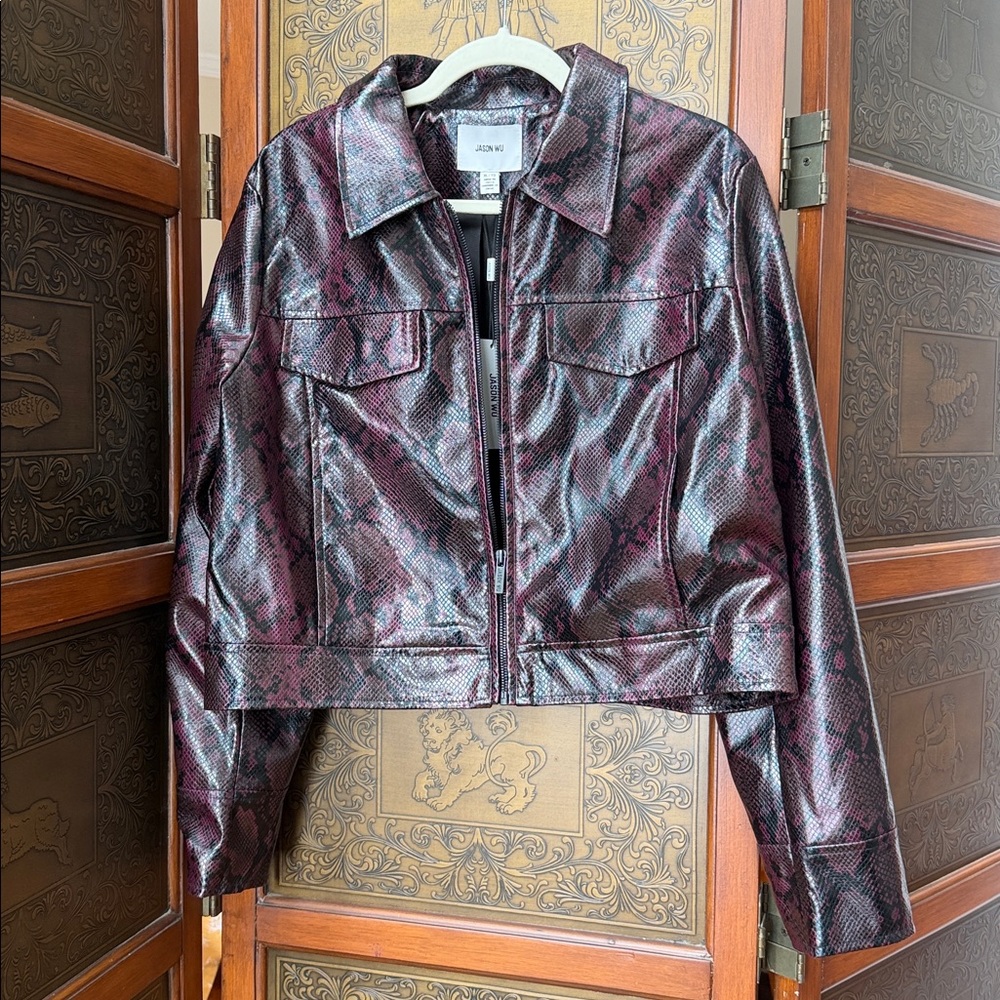 Faux Leather Moto Jacket Black Python Print Zip-U… - image 4